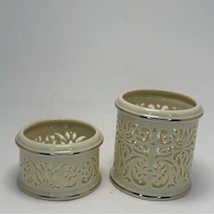 Two LENOX Pierced Votive Candle Holders Ivory Color 24K Gold Trim